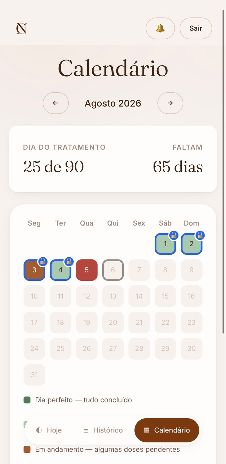 Tela do aplicativo mostrando o progresso do tratamento